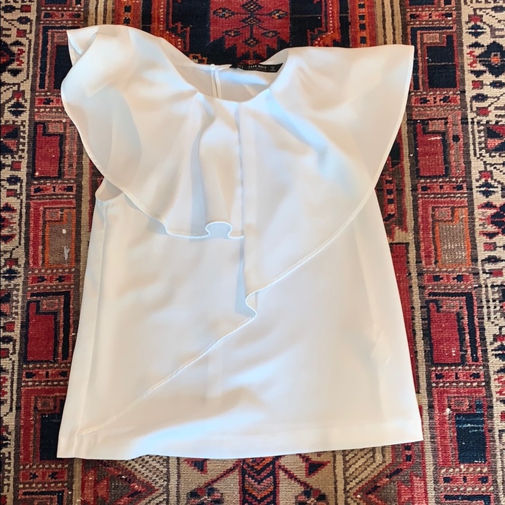 Zara Basic White Pleat Drape Crepe Blouse Small